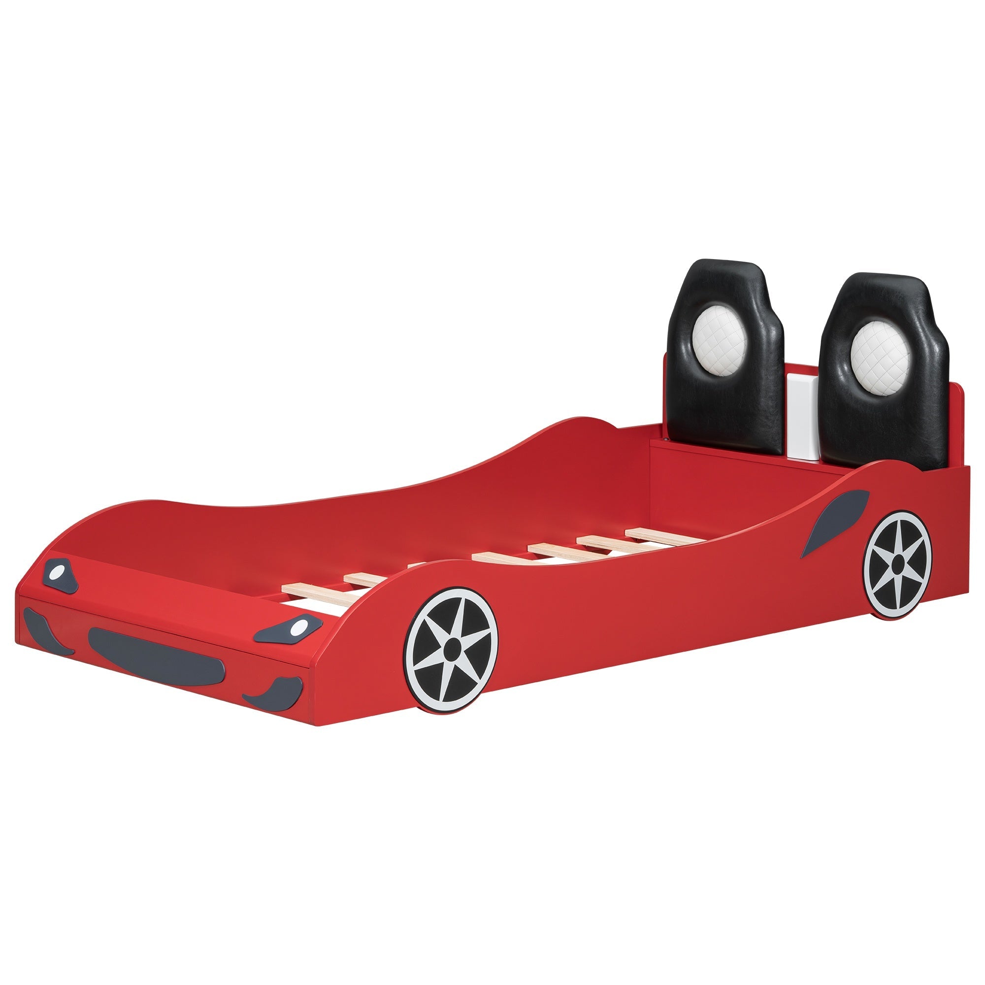 Bellemave® Wood Twin Size Race Car - Shaped Platform Bed with LED, Upholstered Backrest & Safety Guardrails for Kids - Bellemave