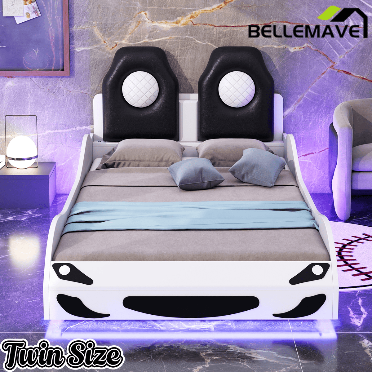 Bellemave® Wood Twin Size Race Car - Shaped Platform Bed with LED, Upholstered Backrest & Safety Guardrails for Kids - Bellemave