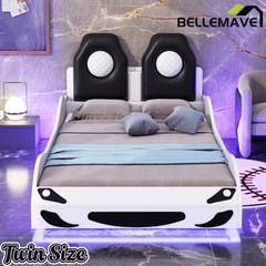 Bellemave® Wood Twin Size Race Car - Shaped Platform Bed with LED, Upholstered Backrest & Safety Guardrails for Kids - Bellemave