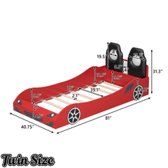 Bellemave® Wood Twin Size Race Car - Shaped Platform Bed with LED, Upholstered Backrest & Safety Guardrails for Kids - Bellemave
