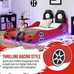 Bellemave® Wood Twin Size Race Car - Shaped Platform Bed with LED, Upholstered Backrest & Safety Guardrails for Kids - Bellemave