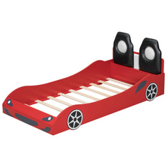 Bellemave® Wood Twin Size Race Car - Shaped Platform Bed with LED, Upholstered Backrest & Safety Guardrails for Kids - Bellemave