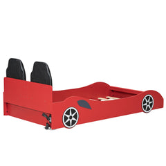 Bellemave® Wood Twin Size Race Car - Shaped Platform Bed with LED, Upholstered Backrest & Safety Guardrails for Kids - Bellemave