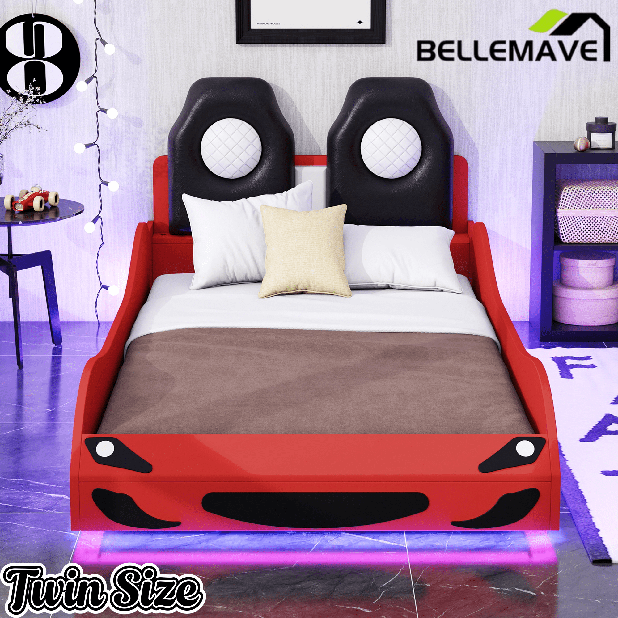 Bellemave® Wood Twin Size Race Car - Shaped Platform Bed with LED, Upholstered Backrest & Safety Guardrails for Kids - Bellemave