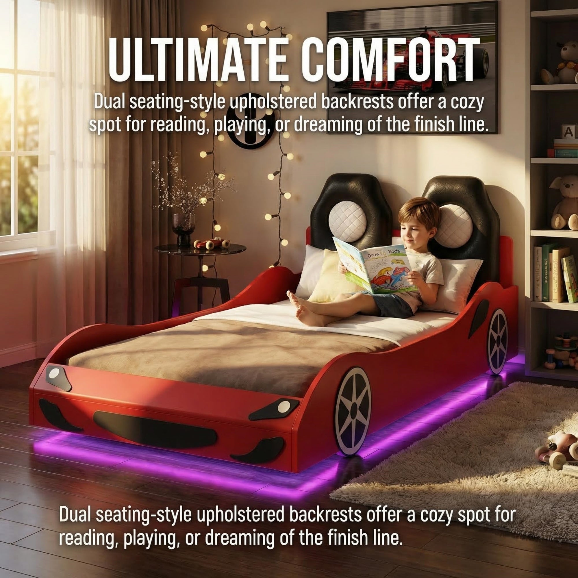 Bellemave® Wood Twin Size Race Car - Shaped Platform Bed with LED, Upholstered Backrest & Safety Guardrails for Kids - Bellemave
