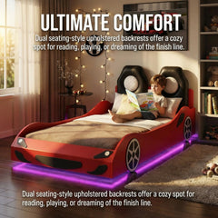 Bellemave® Wood Twin Size Race Car - Shaped Platform Bed with LED, Upholstered Backrest & Safety Guardrails for Kids - Bellemave