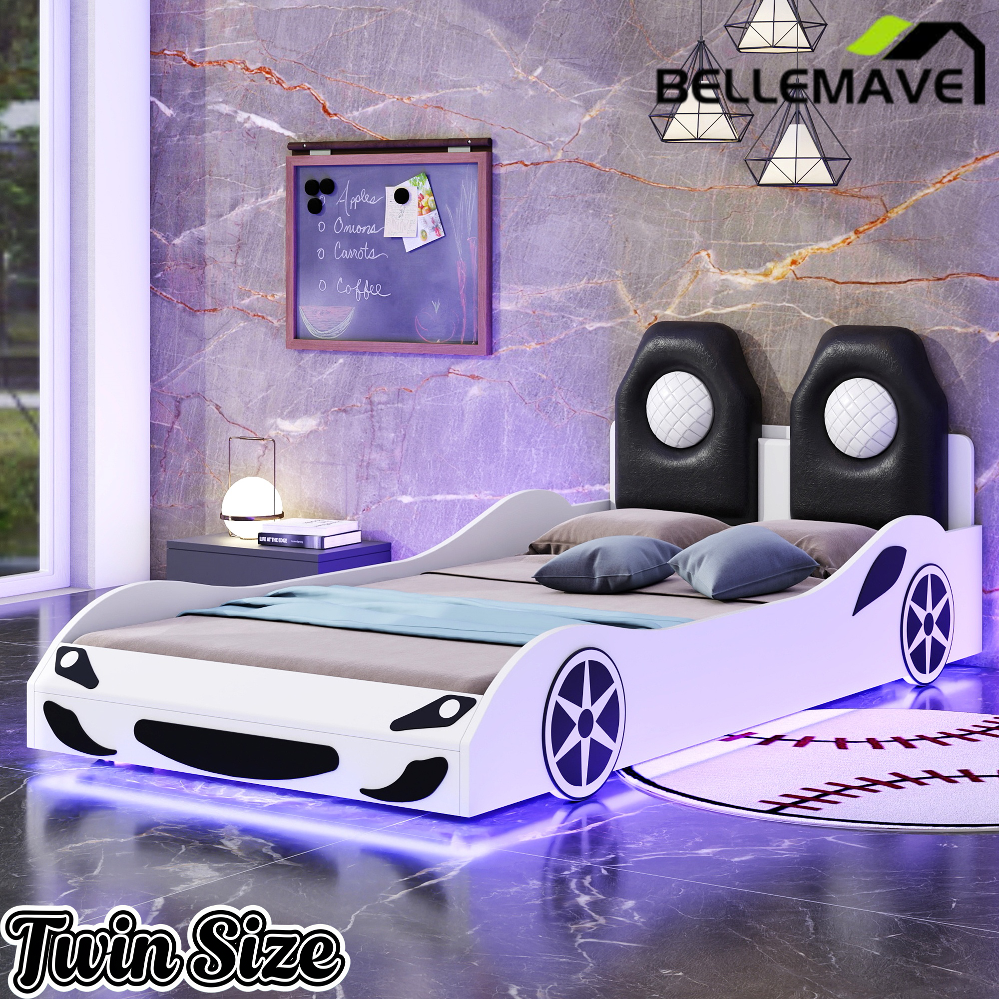 Bellemave® Wood Twin Size Race Car - Shaped Platform Bed with LED, Upholstered Backrest & Safety Guardrails for Kids - Bellemave