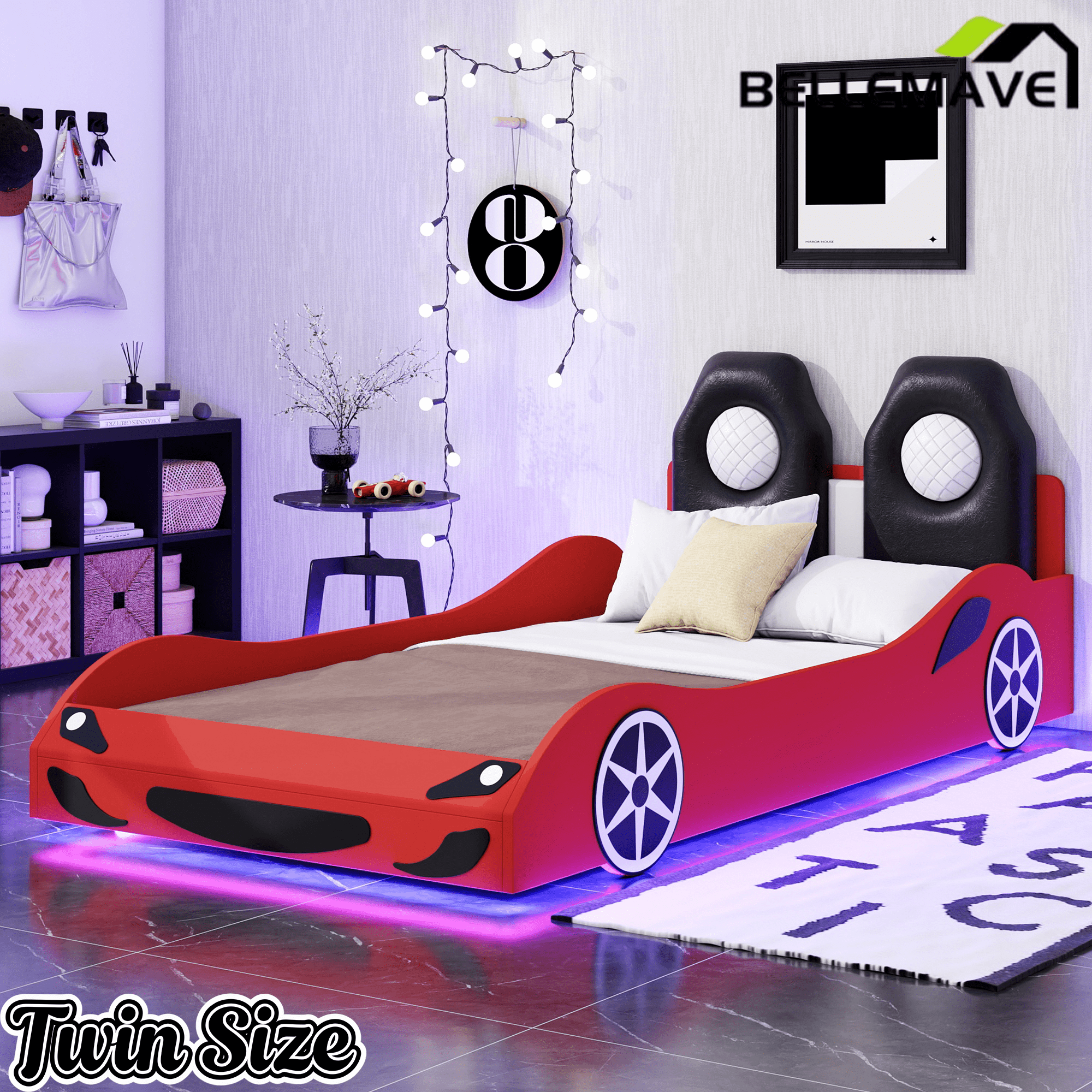 Bellemave® Wood Twin Size Race Car - Shaped Platform Bed with LED, Upholstered Backrest & Safety Guardrails for Kids - Bellemave