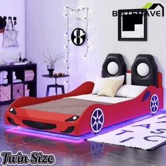 Bellemave® Wood Twin Size Race Car - Shaped Platform Bed with LED, Upholstered Backrest & Safety Guardrails for Kids - Bellemave