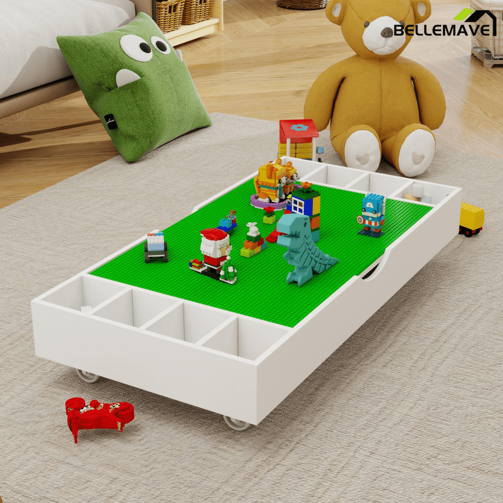 Bellemave® Wooden 2 in 1 Construction Rollaway Kids Activity Table with Storage, Wheels & Block Board, White - Bellemave