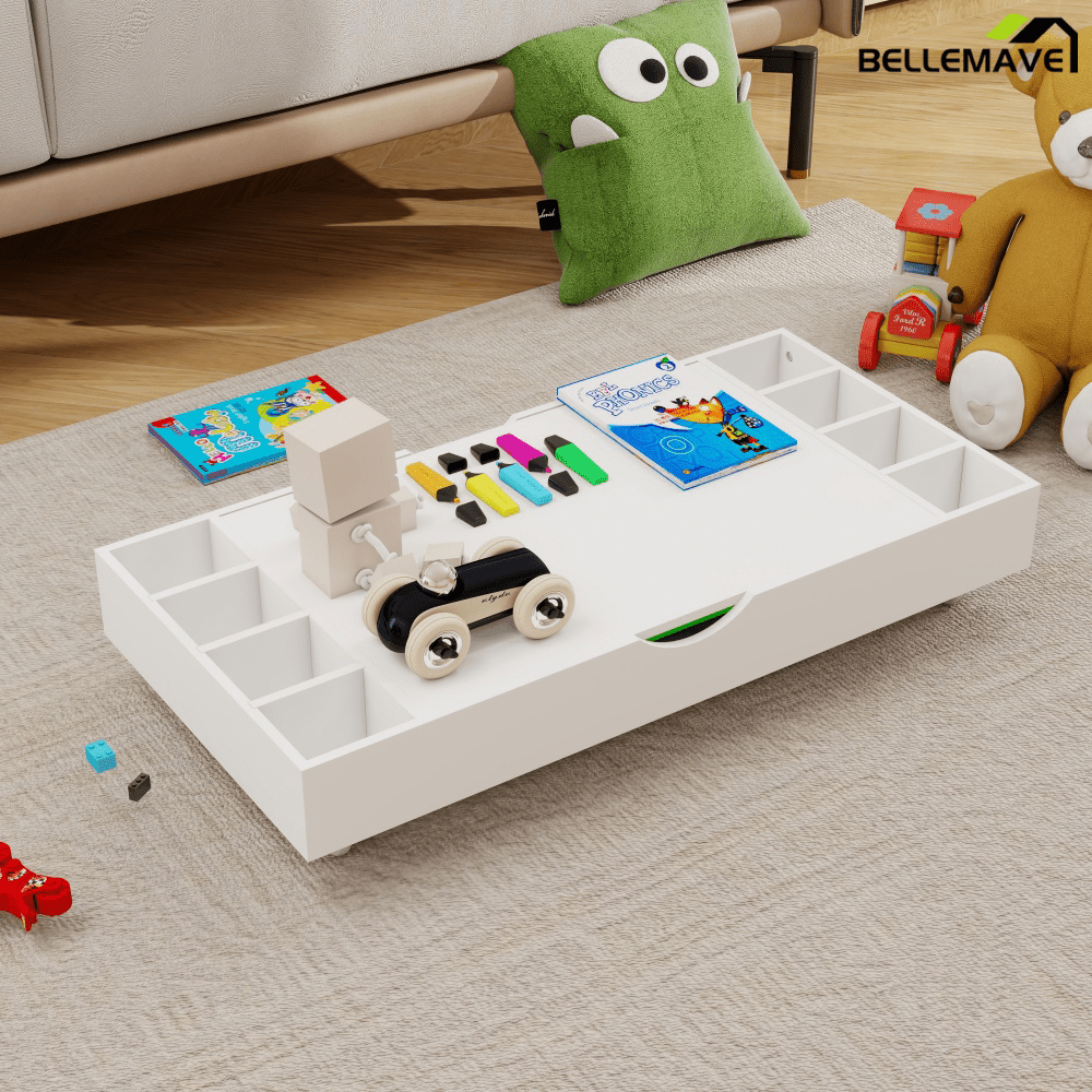Bellemave® Wooden 2 in 1 Construction Rollaway Kids Activity Table with Storage, Wheels & Block Board, White - Bellemave