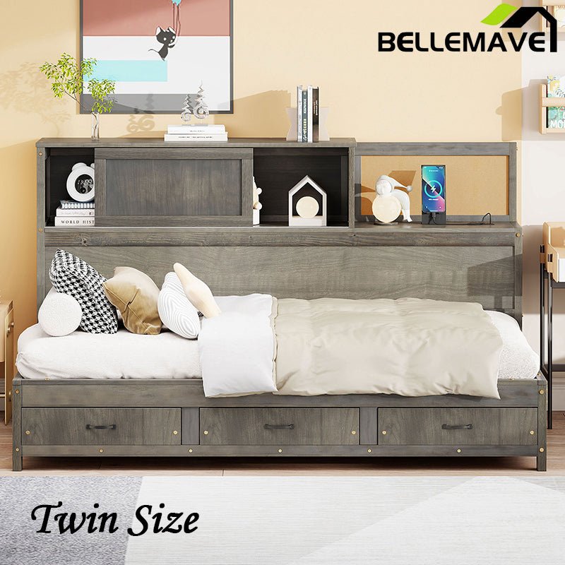 Bellemave® Wooden Daybed with 3 Storage Drawers, Sockets and USB Ports - Bellemave