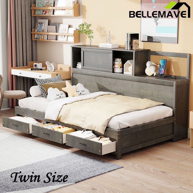 Bellemave® Wooden Daybed with 3 Storage Drawers, Sockets and USB Ports - Bellemave