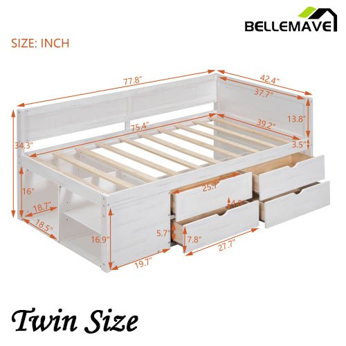 Bellemave® Wooden Daybed with Drawers and Shelves - Bellemave