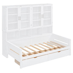 Bellemave® Wooden Daybed with Glass - Door Storage Cabinets, Built - in LED Lighting and Shelves - Bellemave