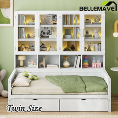 Bellemave® Wooden Daybed with Glass - Door Storage Cabinets, Built - in LED Lighting and Shelves - Bellemave
