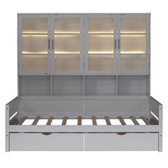 Bellemave® Wooden Daybed with Glass - Door Storage Cabinets, Built - in LED Lighting and Shelves - Bellemave
