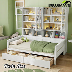 Bellemave® Wooden Daybed with Glass - Door Storage Cabinets, Built - in LED Lighting and Shelves - Bellemave