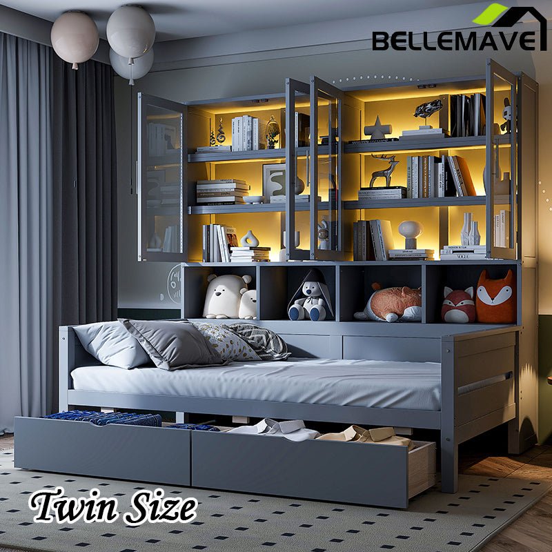 Bellemave® Wooden Daybed with Glass - Door Storage Cabinets, Built - in LED Lighting and Shelves - Bellemave