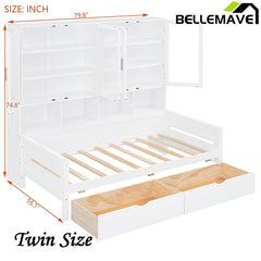 Bellemave® Wooden Daybed with Glass - Door Storage Cabinets, Built - in LED Lighting and Shelves - Bellemave