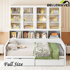 Bellemave® Wooden Daybed with Glass - Door Storage Cabinets, Built - in LED Lighting and Shelves - Bellemave