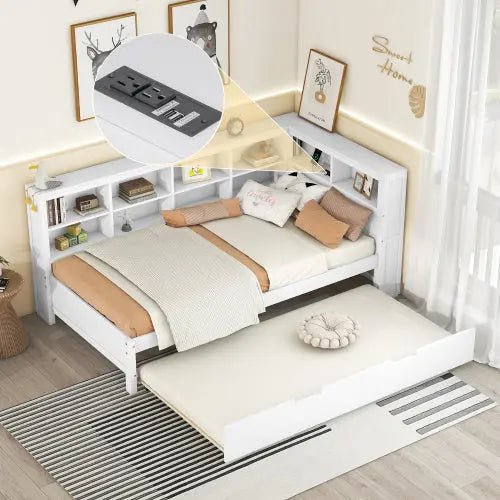 Bellemave® Wooden DayBed with Trundle,Storage Shelf and USB Charging Ports - Bellemave