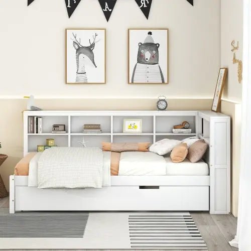 Bellemave® Wooden DayBed with Trundle,Storage Shelf and USB Charging Ports - Bellemave