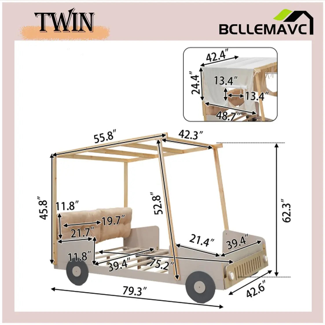 Bellemave Wooden double bed with pillow, ceiling cloth and LED - Bellemave