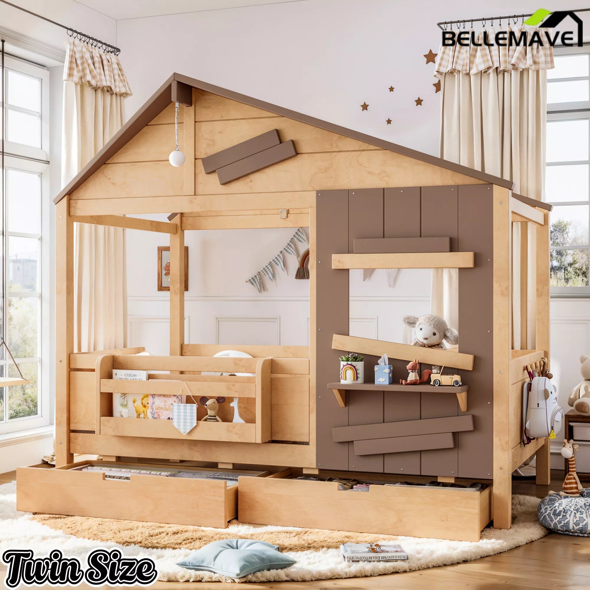 Bellemave® Wooden Farmhouse House Bed with Storage Drawers, Window Shelf & Side Hooks, Kids Playhouse Floor Bed - Bellemave