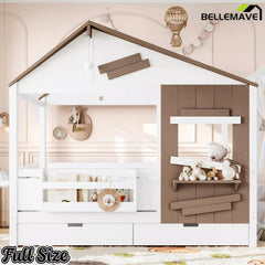 Bellemave® Wooden Farmhouse House Bed with Storage Drawers, Window Shelf & Side Hooks, Kids Playhouse Floor Bed - Bellemave