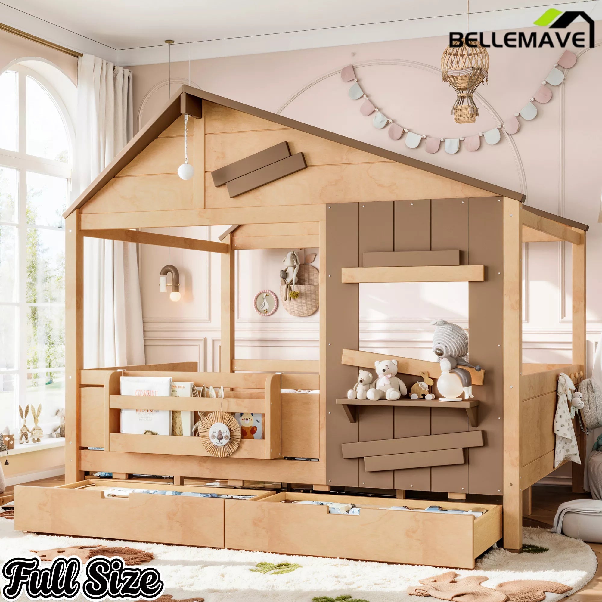 Bellemave® Wooden Farmhouse House Bed with Storage Drawers, Window Shelf & Side Hooks, Kids Playhouse Floor Bed - Bellemave