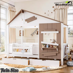 Bellemave® Wooden Farmhouse House Bed with Storage Drawers, Window Shelf & Side Hooks, Kids Playhouse Floor Bed - Bellemave