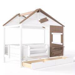 Bellemave® Wooden Farmhouse House Bed with Storage Drawers, Window Shelf & Side Hooks, Kids Playhouse Floor Bed - Bellemave
