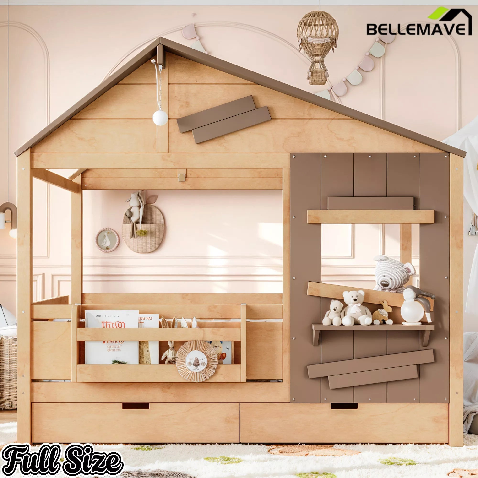 Bellemave® Wooden Farmhouse House Bed with Storage Drawers, Window Shelf & Side Hooks, Kids Playhouse Floor Bed - Bellemave