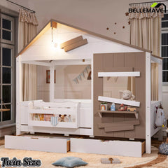 Bellemave® Wooden Farmhouse House Bed with Storage Drawers, Window Shelf & Side Hooks, Kids Playhouse Floor Bed - Bellemave