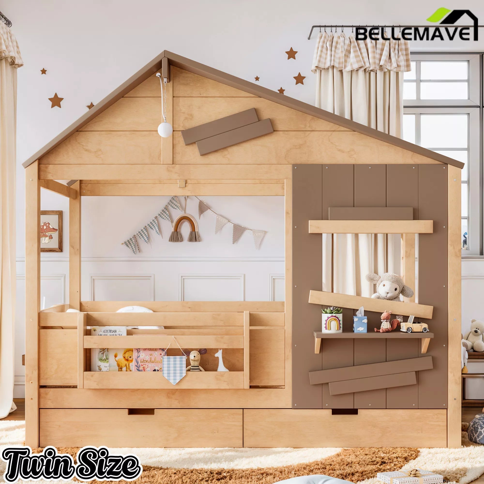 Bellemave® Wooden Farmhouse House Bed with Storage Drawers, Window Shelf & Side Hooks, Kids Playhouse Floor Bed - Bellemave