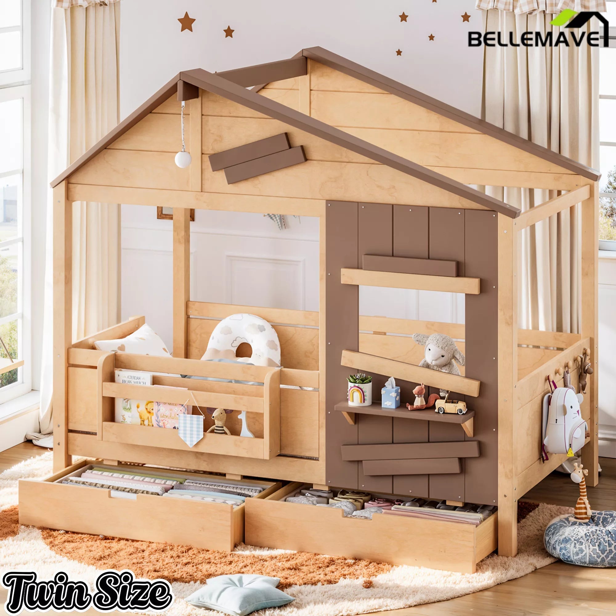 Bellemave® Wooden Farmhouse House Bed with Storage Drawers, Window Shelf & Side Hooks, Kids Playhouse Floor Bed - Bellemave