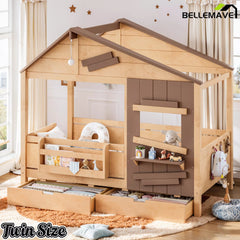 Bellemave® Wooden Farmhouse House Bed with Storage Drawers, Window Shelf & Side Hooks, Kids Playhouse Floor Bed - Bellemave