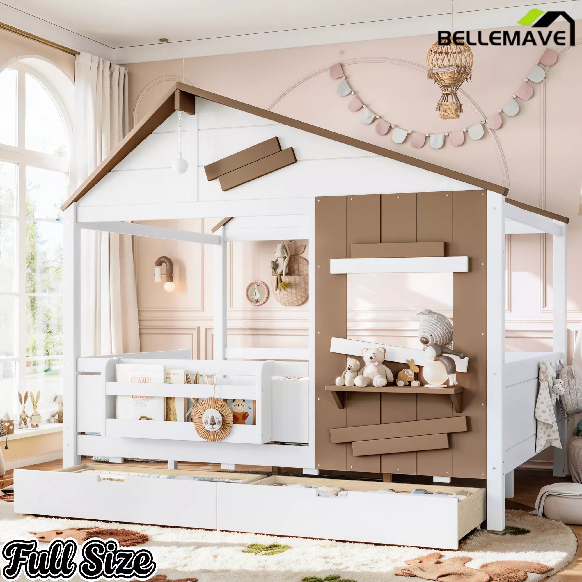Bellemave® Wooden Farmhouse House Bed with Storage Drawers, Window Shelf & Side Hooks, Kids Playhouse Floor Bed - Bellemave