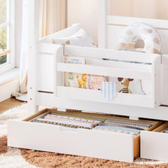 Bellemave® Wooden Farmhouse House Bed with Storage Drawers, Window Shelf & Side Hooks, Kids Playhouse Floor Bed - Bellemave