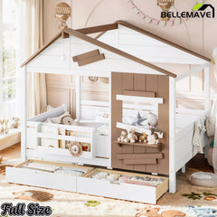Bellemave® Wooden Farmhouse House Bed with Storage Drawers, Window Shelf & Side Hooks, Kids Playhouse Floor Bed - Bellemave