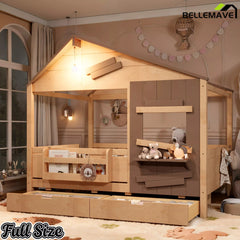 Bellemave® Wooden Farmhouse House Bed with Storage Drawers, Window Shelf & Side Hooks, Kids Playhouse Floor Bed - Bellemave