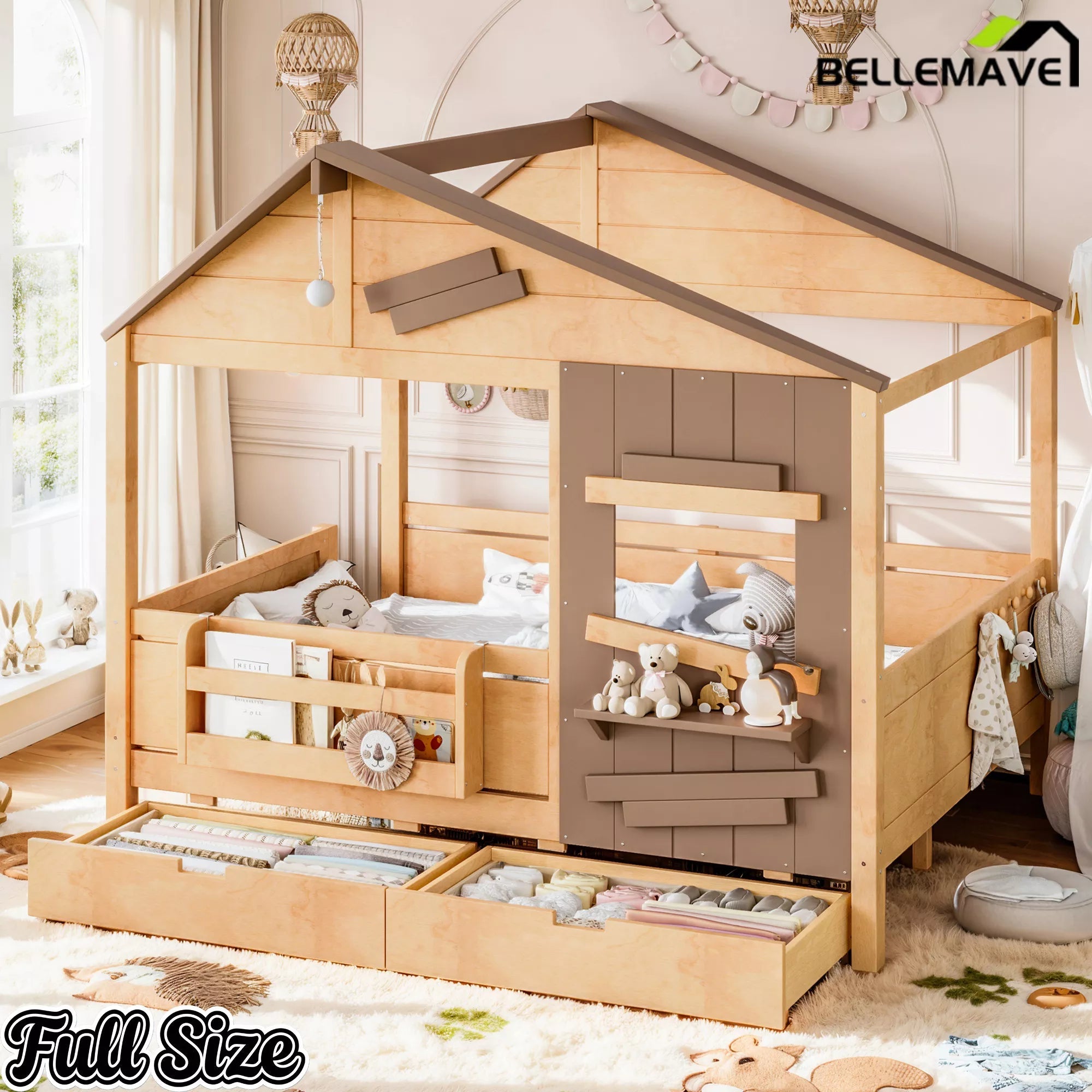 Bellemave® Wooden Farmhouse House Bed with Storage Drawers, Window Shelf & Side Hooks, Kids Playhouse Floor Bed - Bellemave