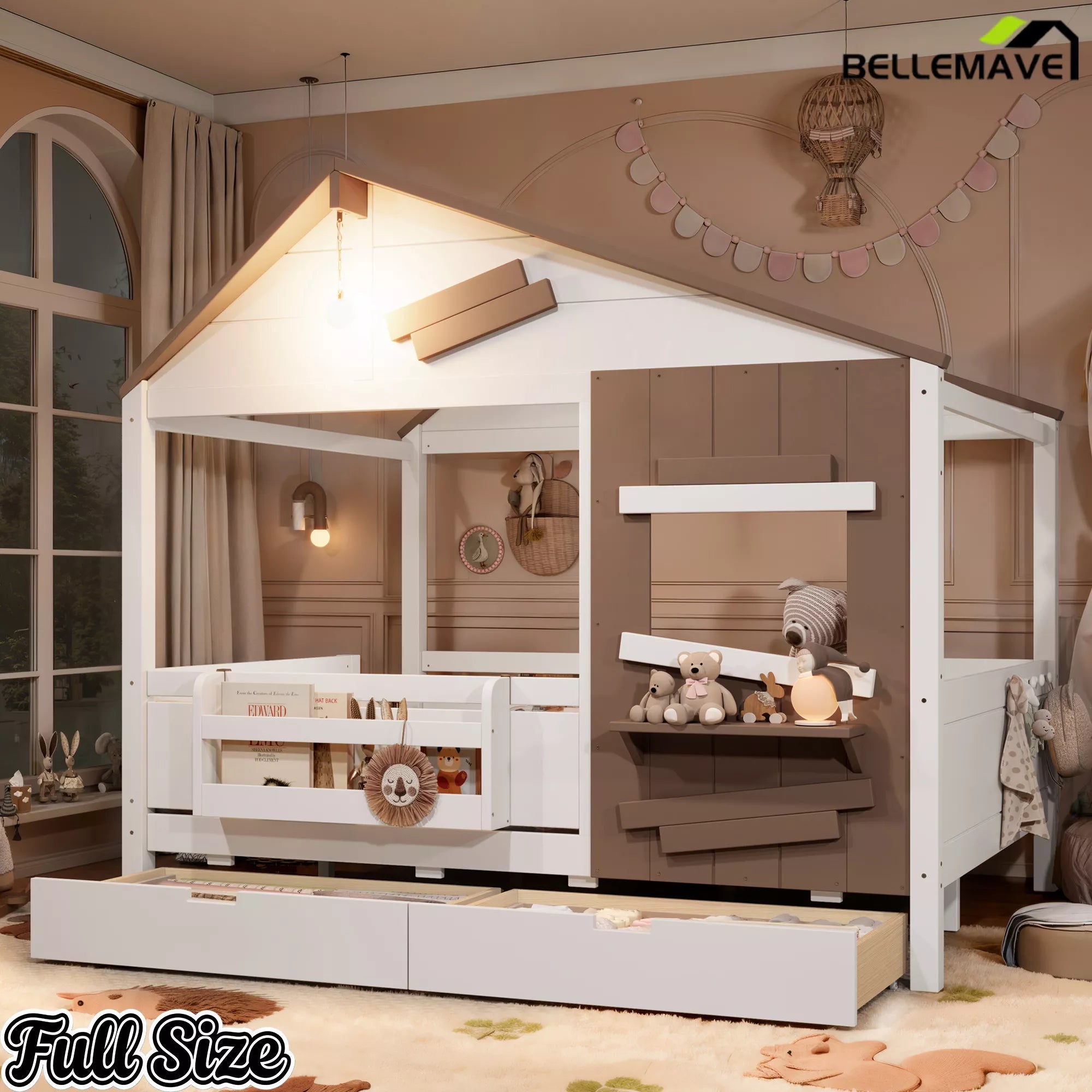 Bellemave® Wooden Farmhouse House Bed with Storage Drawers, Window Shelf & Side Hooks, Kids Playhouse Floor Bed - Bellemave