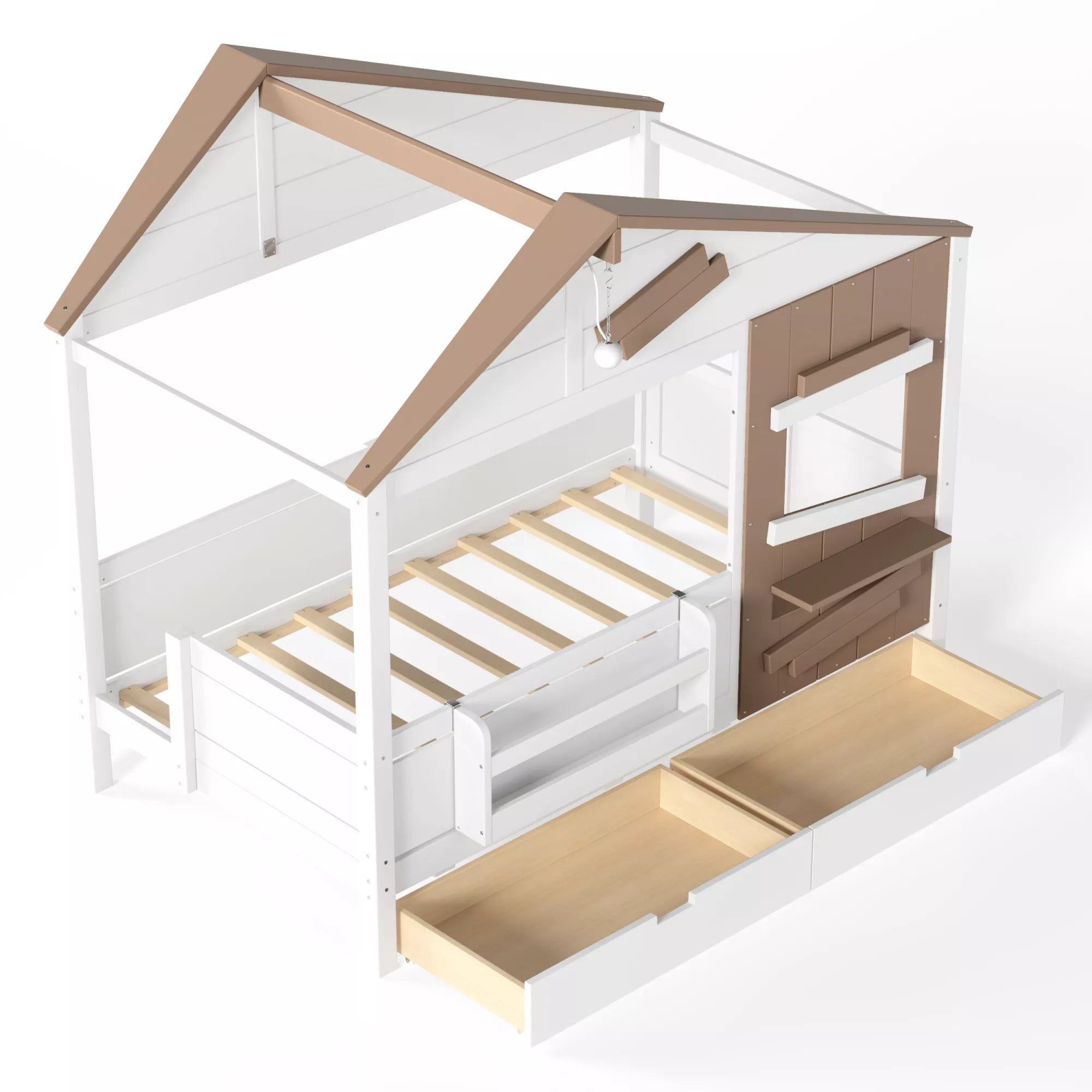 Bellemave® Wooden Farmhouse House Bed with Storage Drawers, Window Shelf & Side Hooks, Kids Playhouse Floor Bed - Bellemave