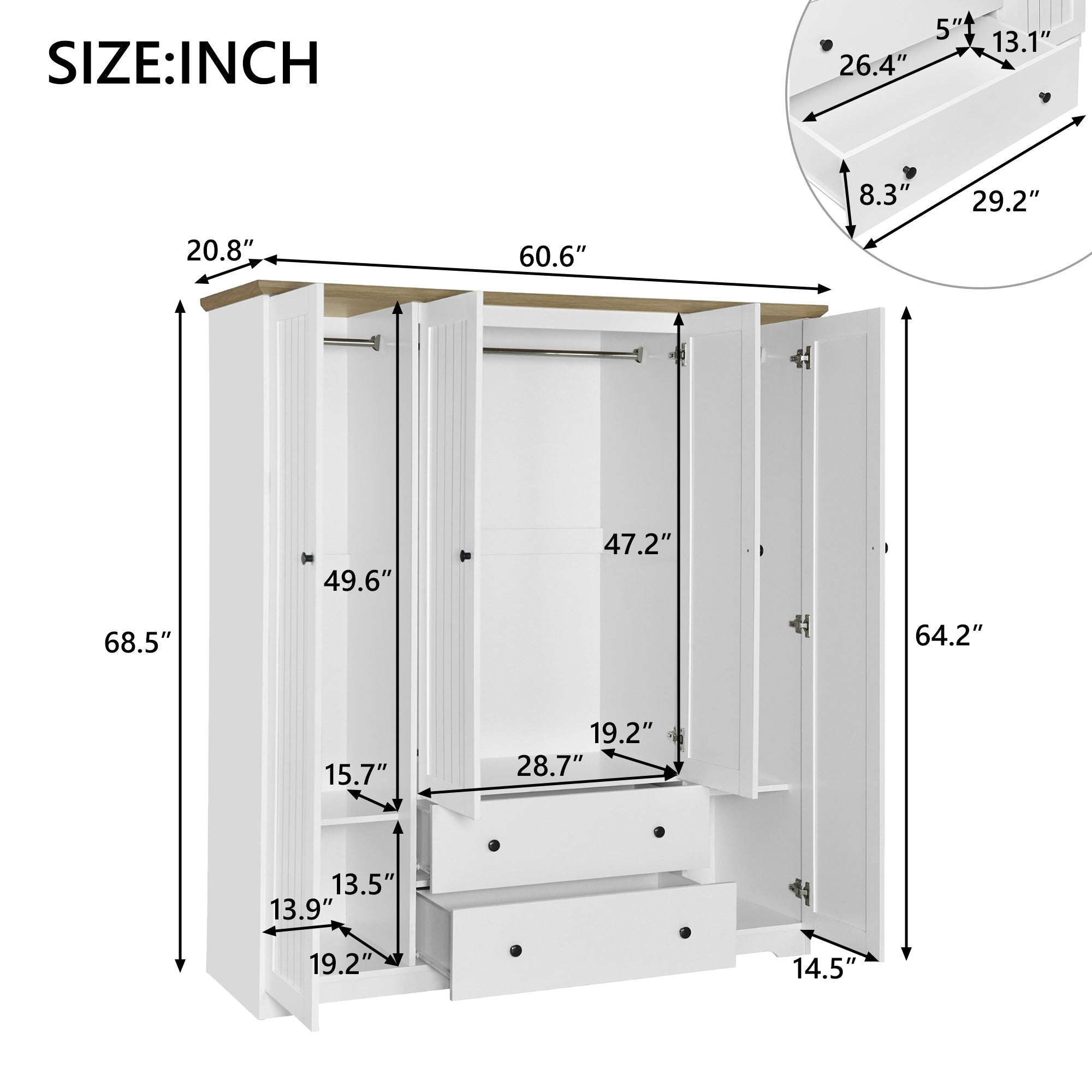 Bellemave® Wooden Freestanding Wardrobe Cabinet with 2 Hanging Rods, 2 Drawers & Shelves for Bedroom, Guestroom - Bellemave
