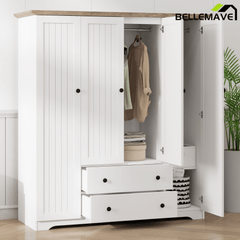 Bellemave® Wooden Freestanding Wardrobe Cabinet with 2 Hanging Rods, 2 Drawers & Shelves for Bedroom, Guestroom - Bellemave