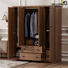 Bellemave® Wooden Freestanding Wardrobe Cabinet with 2 Hanging Rods, 2 Drawers & Shelves for Bedroom, Guestroom - Bellemave