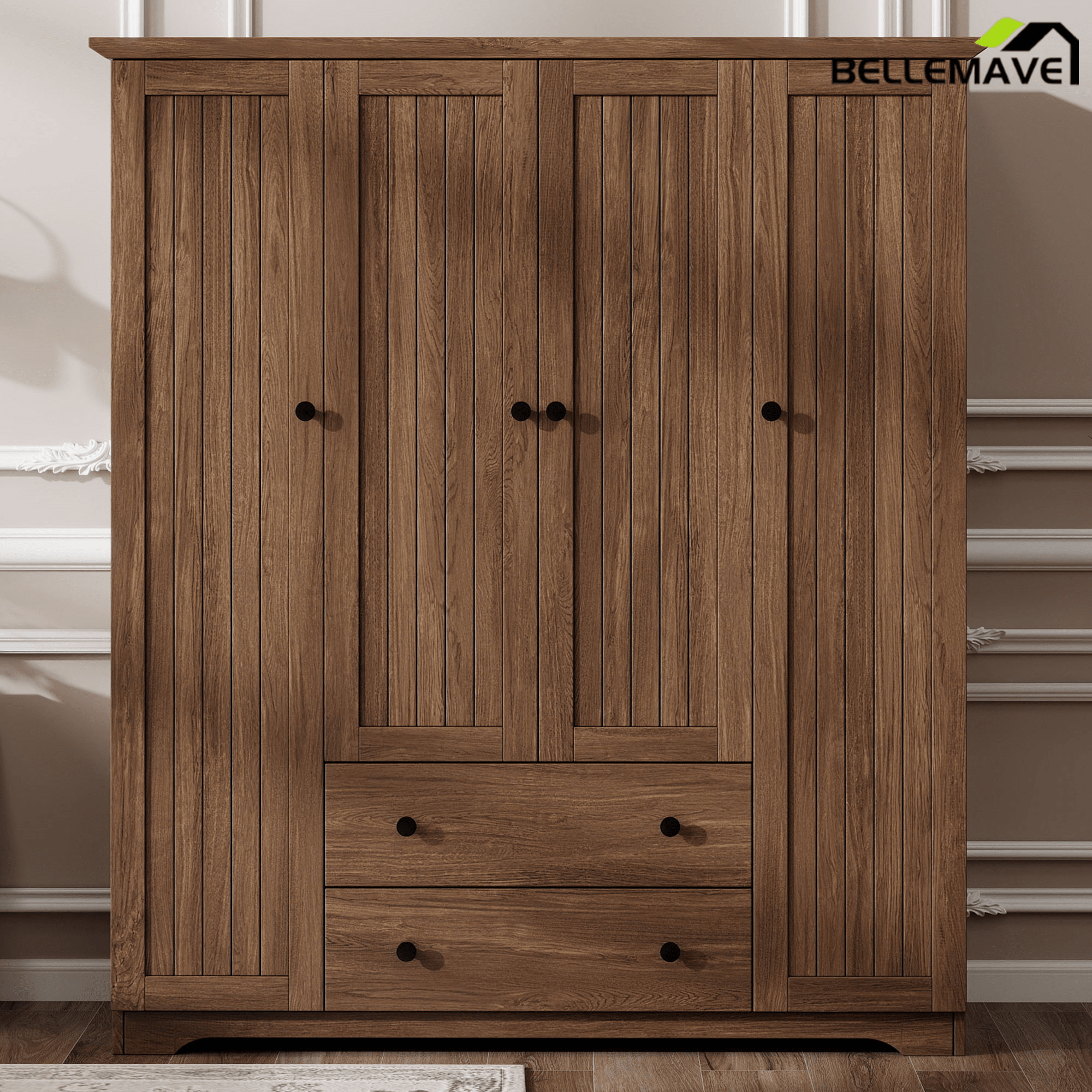 Bellemave® Wooden Freestanding Wardrobe Cabinet with 2 Hanging Rods, 2 Drawers & Shelves for Bedroom, Guestroom - Bellemave