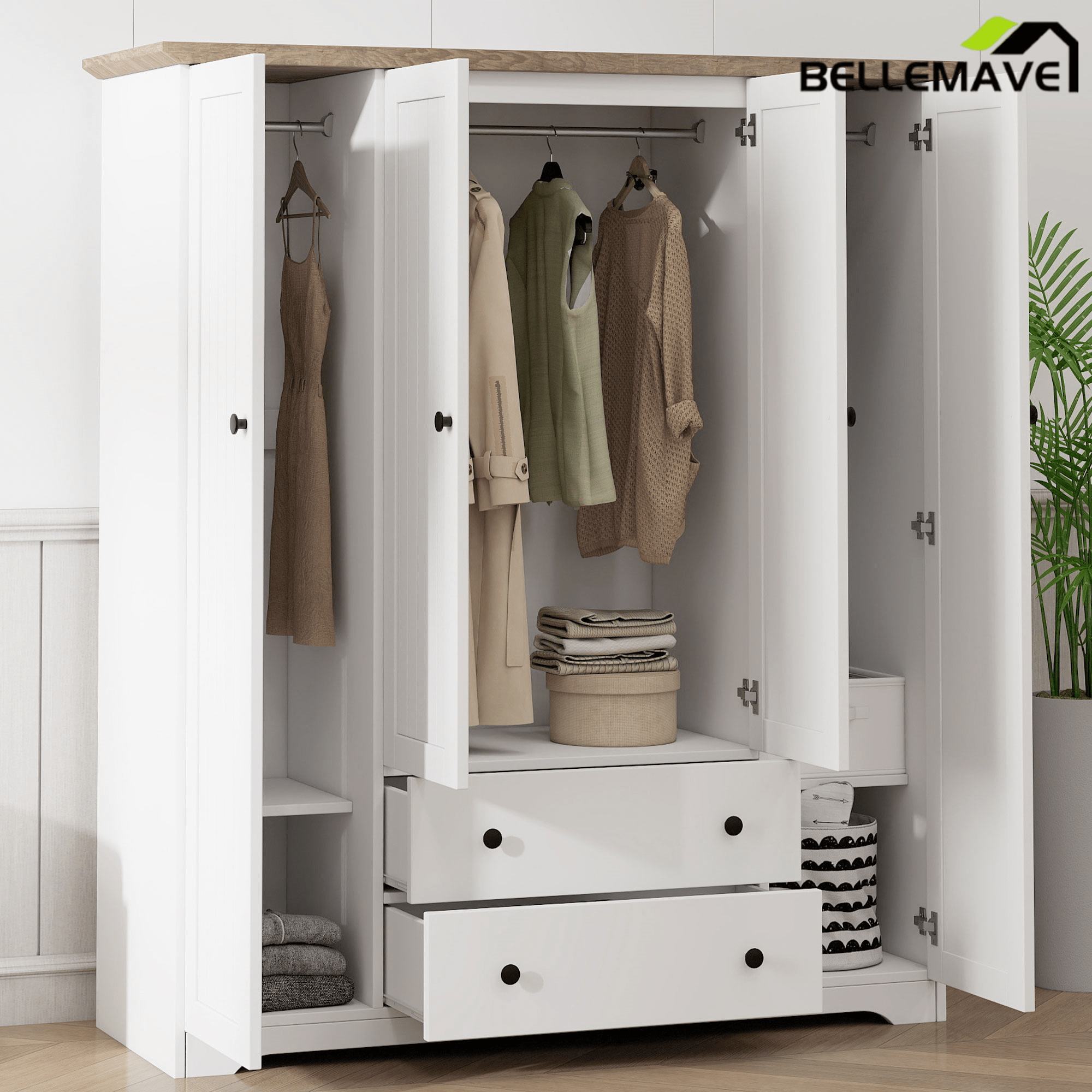 Bellemave® Wooden Freestanding Wardrobe Cabinet with 2 Hanging Rods, 2 Drawers & Shelves for Bedroom, Guestroom - Bellemave